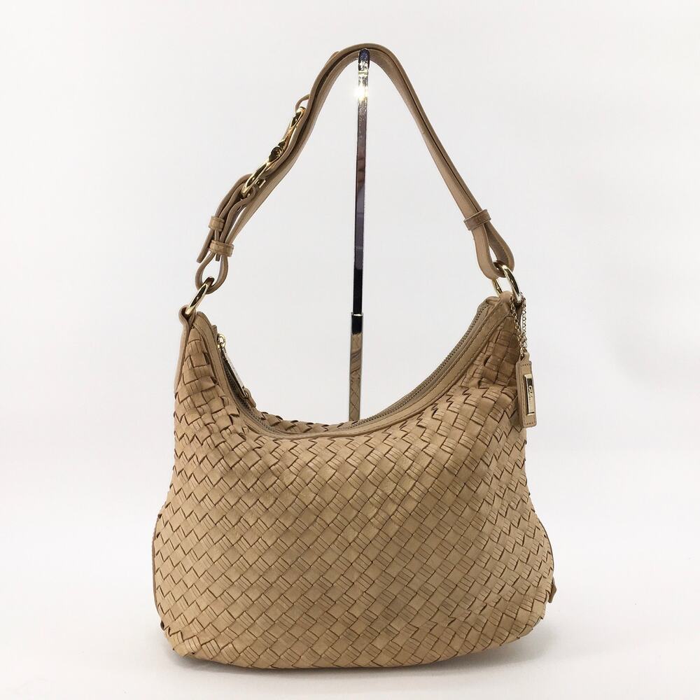 Cole Haan Sandstone Woven Leather Satchel Handbag Intrecciato Slouchy Shoulder